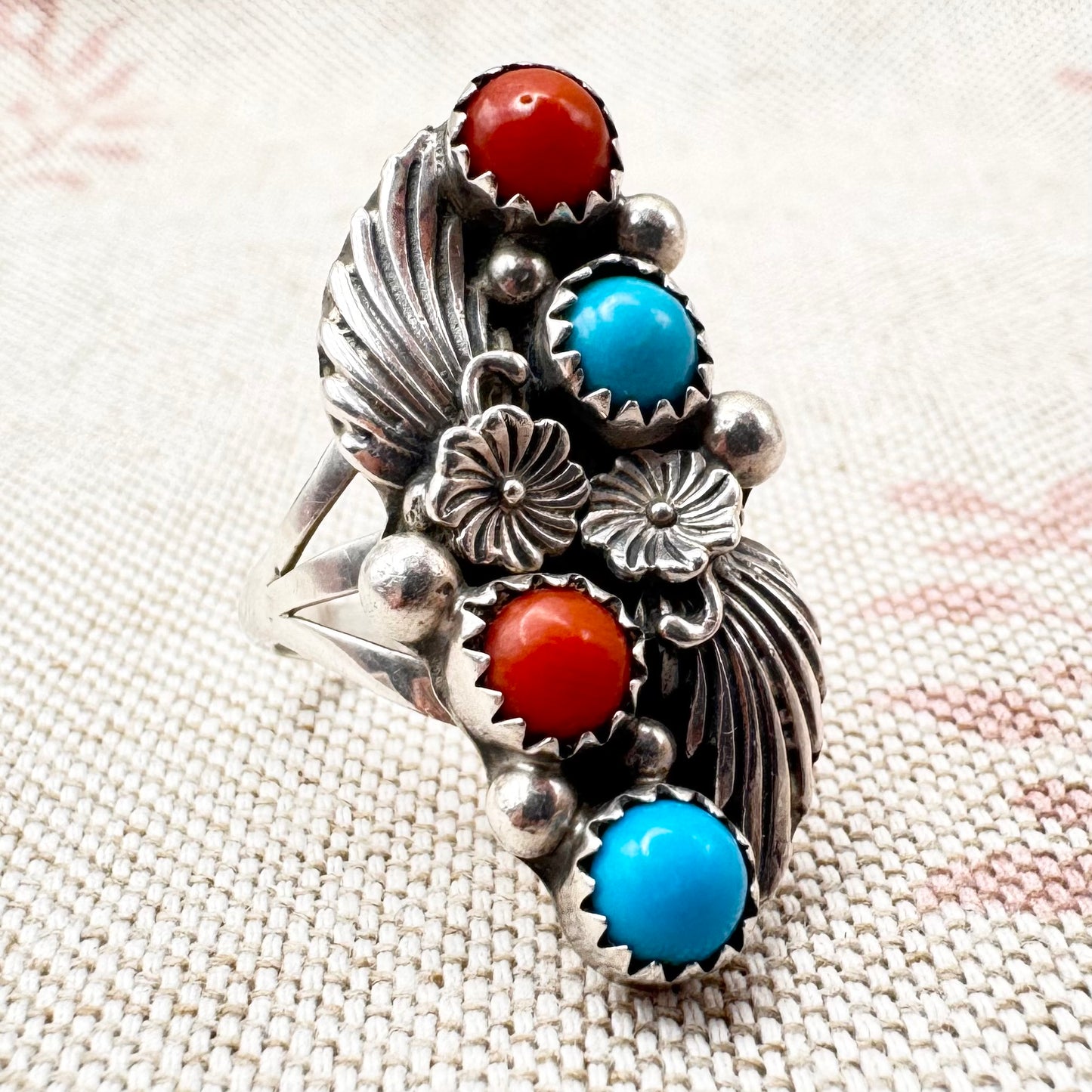Native American coral and turquoise ring by Running Bear Trading, size L.5 (US 6)