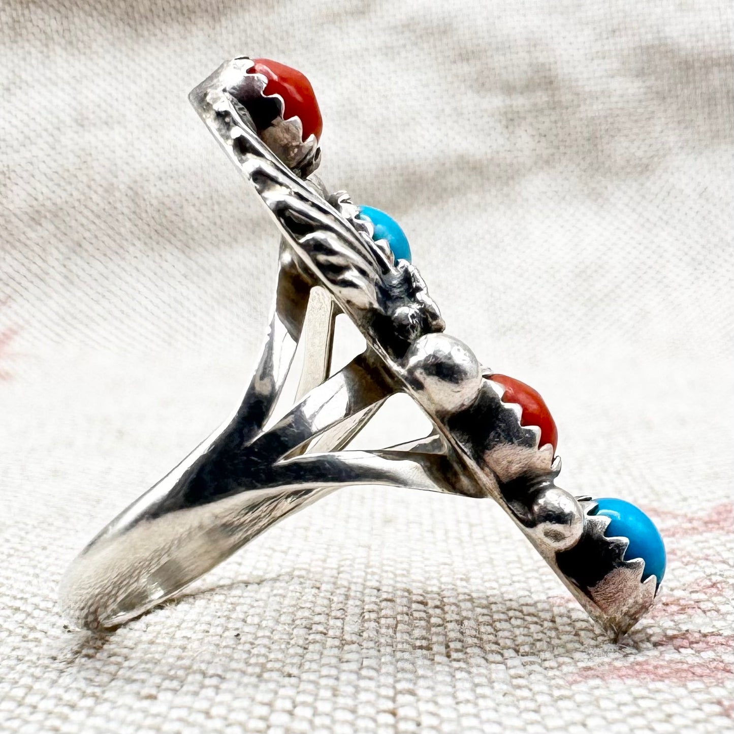 Native American coral and turquoise ring by Running Bear Trading, size L.5 (US 6)