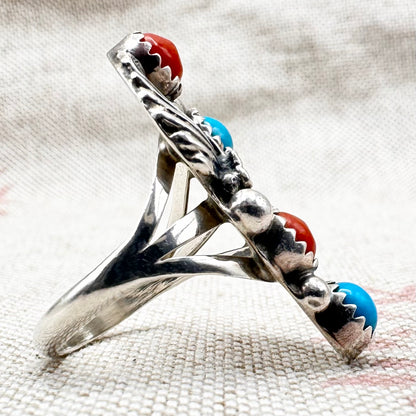 Native American coral and turquoise ring by Running Bear Trading, size L.5 (US 6)