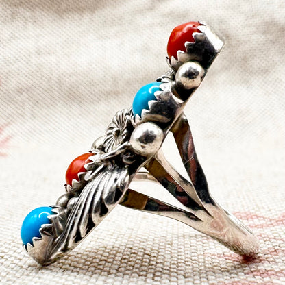 Native American coral and turquoise ring by Running Bear Trading, size L.5 (US 6)