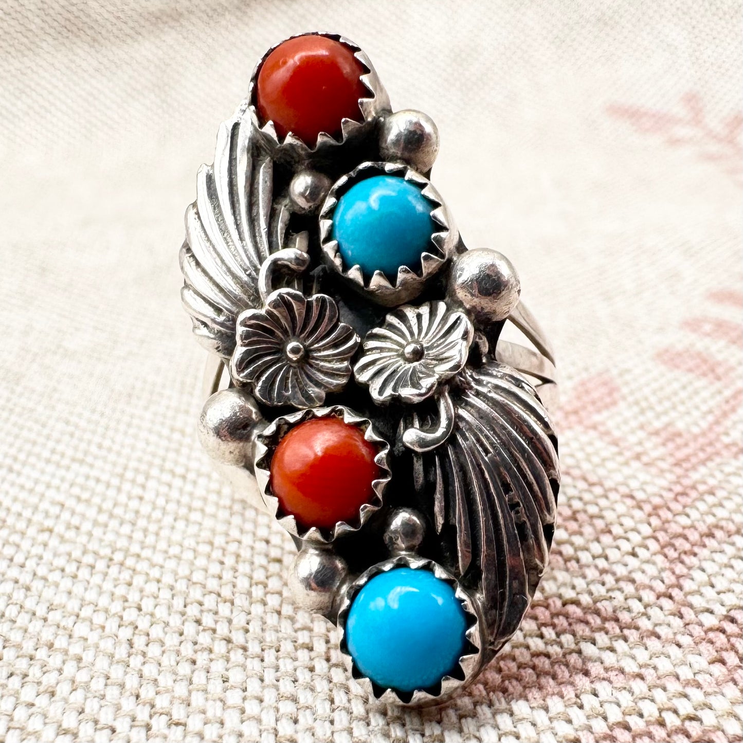 Native American coral and turquoise ring by Running Bear Trading, size L.5 (US 6)