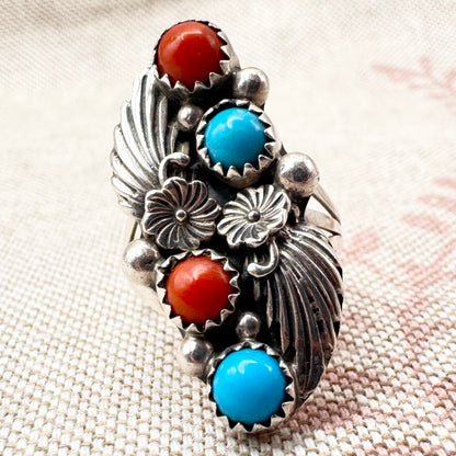 Native American coral and turquoise ring by Running Bear Trading, size L.5 (US 6)