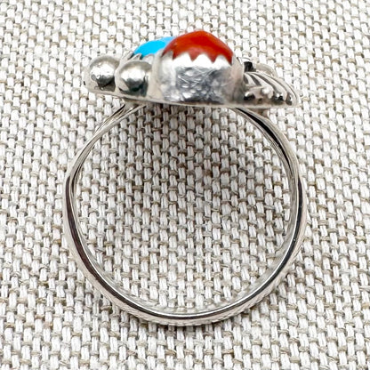 Native American coral and turquoise ring by Running Bear Trading, size L.5 (US 6)