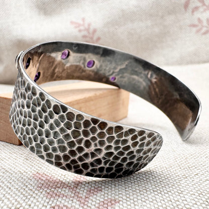 Vintage silver hammered and amethyst cuff bracelet