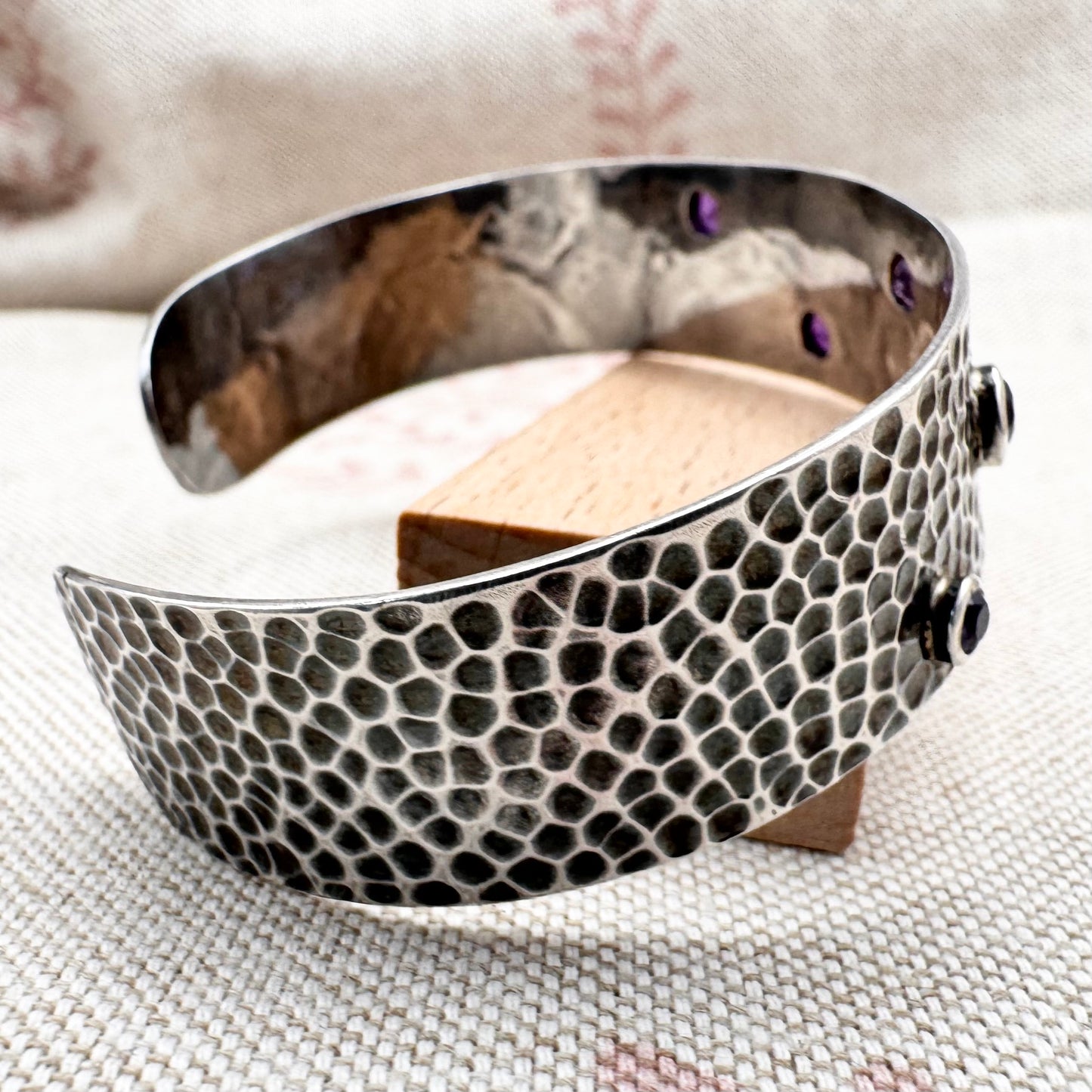 Vintage silver hammered and amethyst cuff bracelet