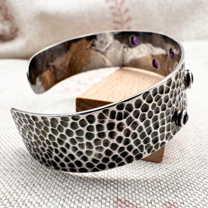 Vintage silver hammered and amethyst cuff bracelet