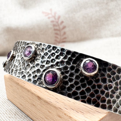 Vintage silver hammered and amethyst cuff bracelet