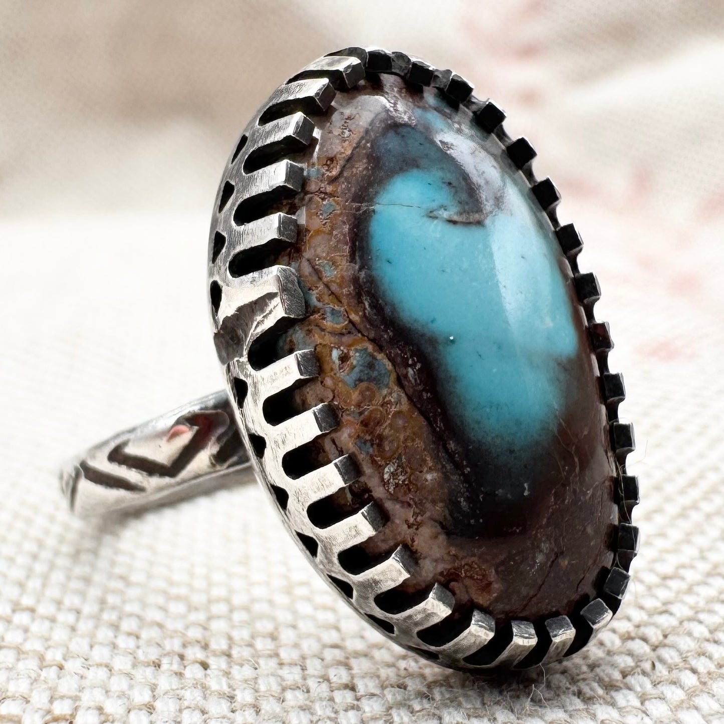 Silver and boulder turquoise statement ring, size O (US 7), hallmarked London 2019