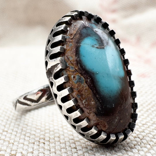 Silver and boulder turquoise statement ring, size O (US 7), hallmarked London 2019