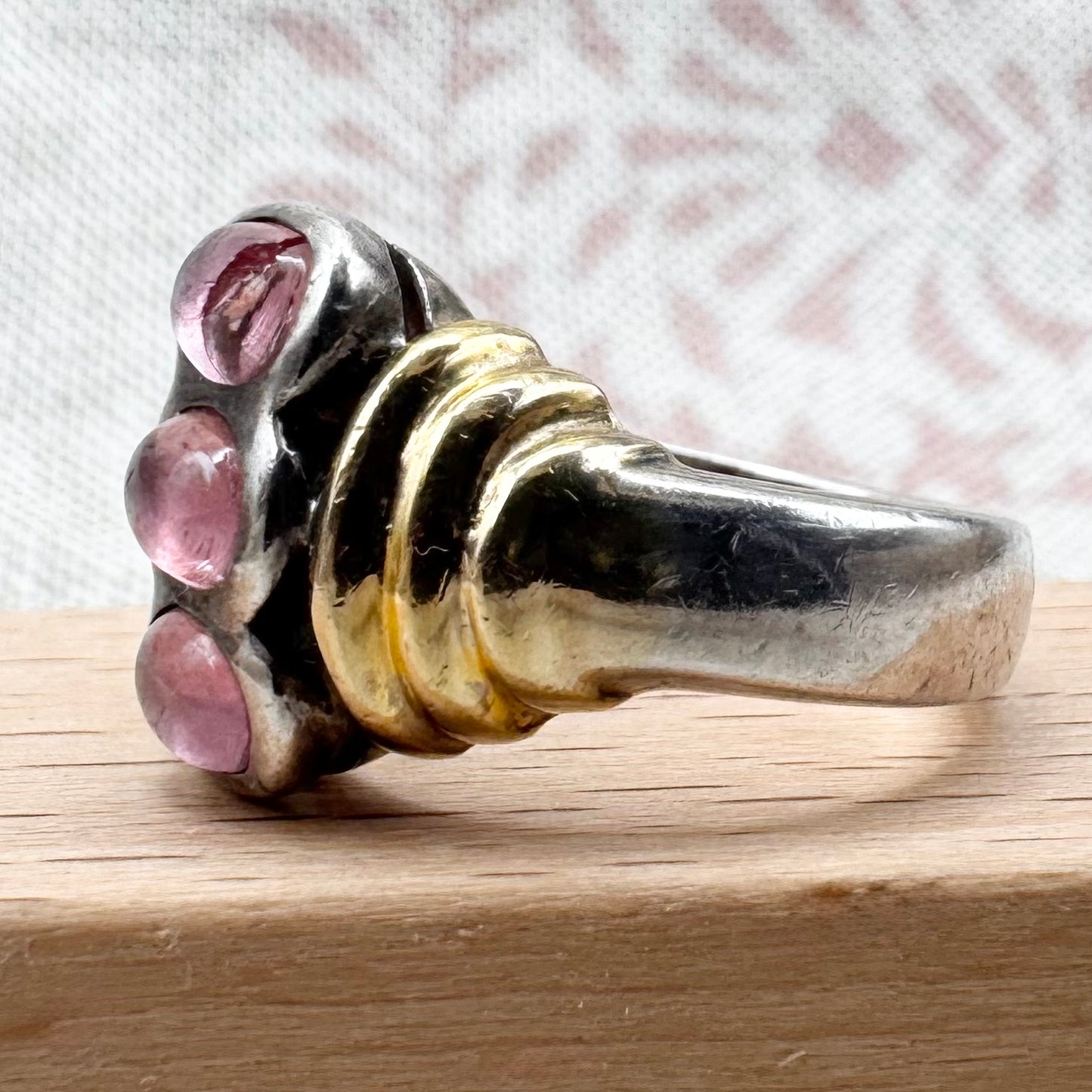 Vintage pink tourmaline ring with gold-tone accents, size N (US 6.5)