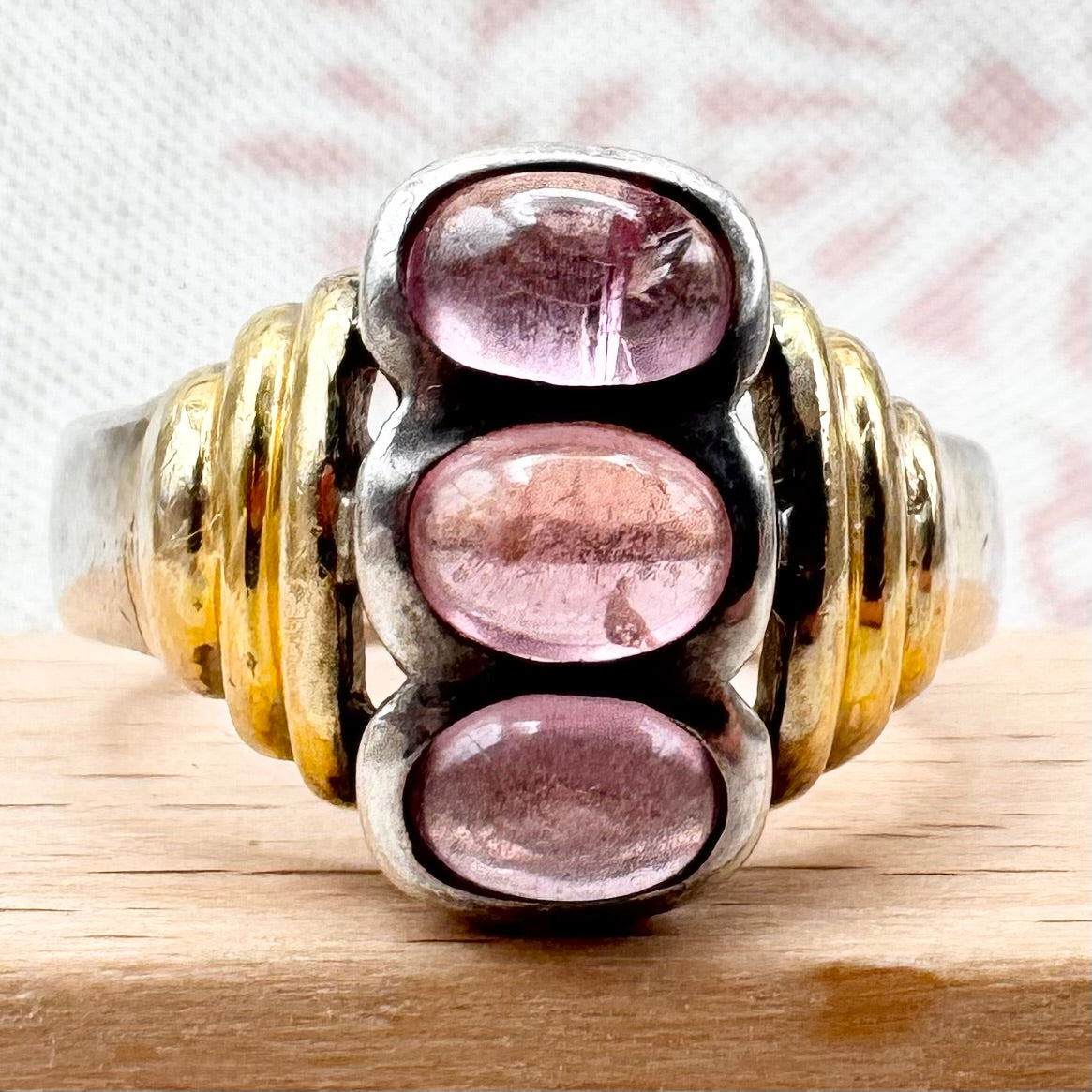 Vintage pink tourmaline ring with gold-tone accents, size N (US 6.5)
