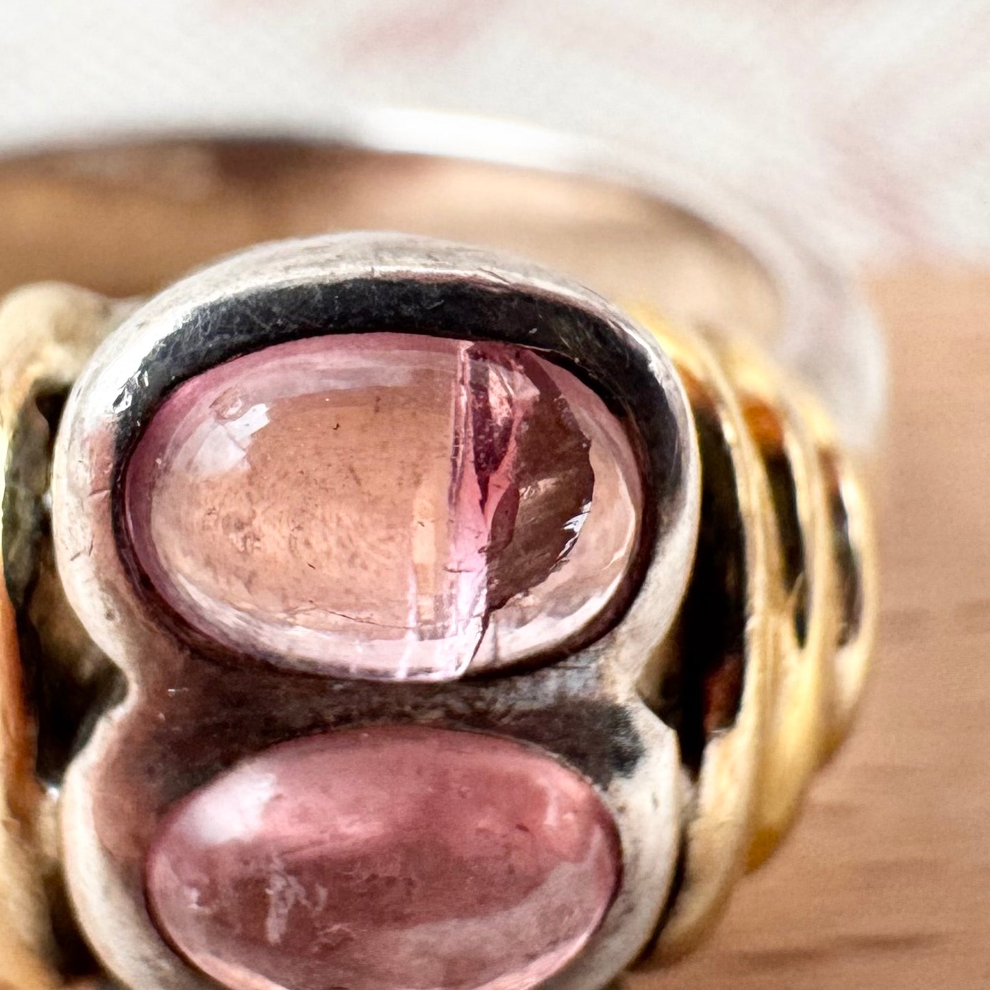 Vintage pink tourmaline ring with gold-tone accents, size N (US 6.5)