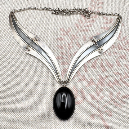 Vintage silver & black onyx necklace, Birmingham import hallmarks