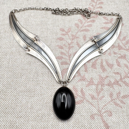 Vintage silver & black onyx necklace, Birmingham import hallmarks