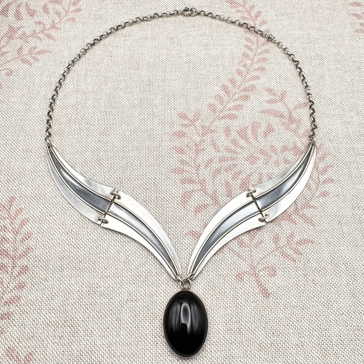 Vintage silver & black onyx necklace, Birmingham import hallmarks