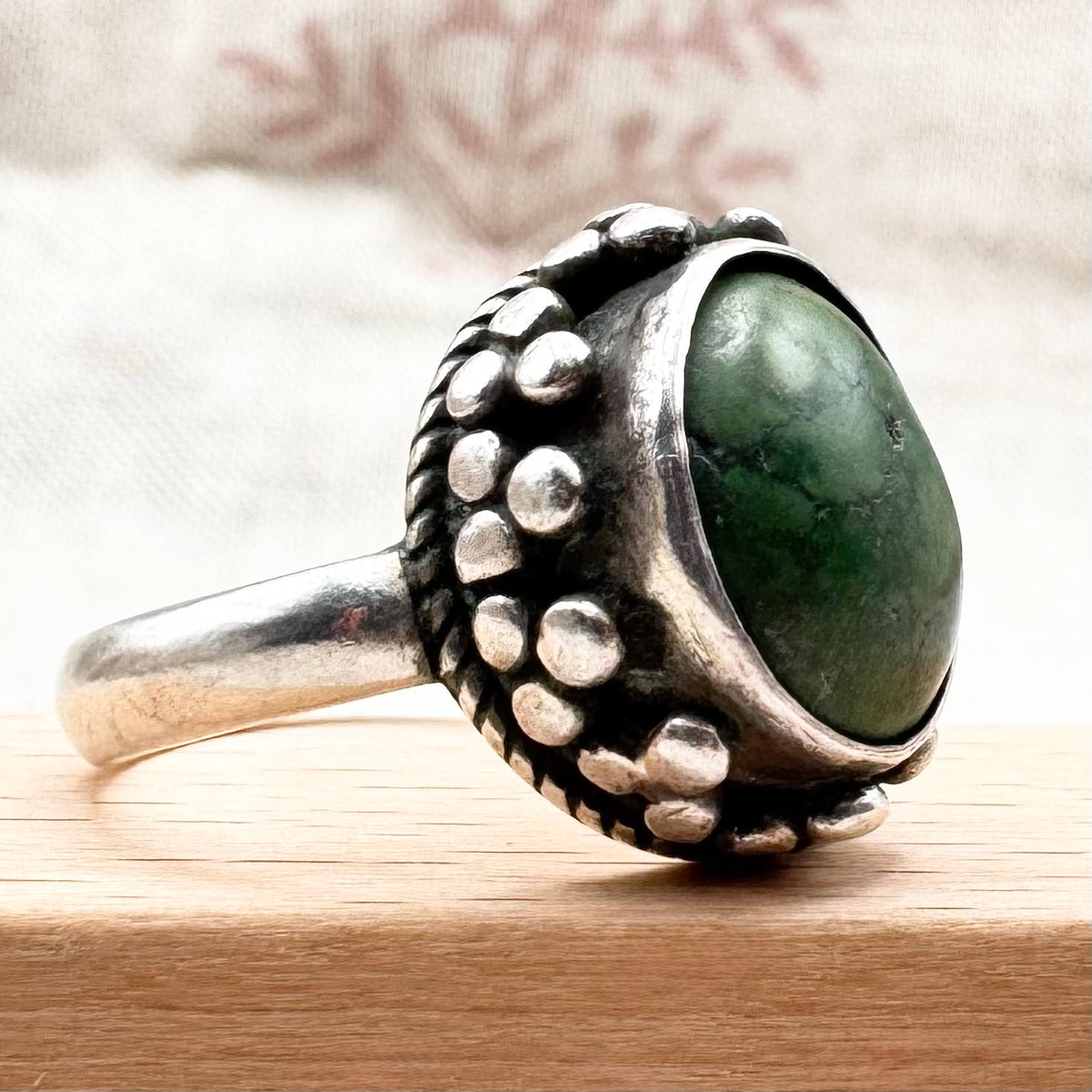Silver and turquoise ring with decorative detail, size P (US 7.5)