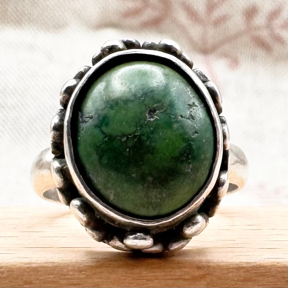 Silver and turquoise ring with decorative detail, size P (US 7.5)