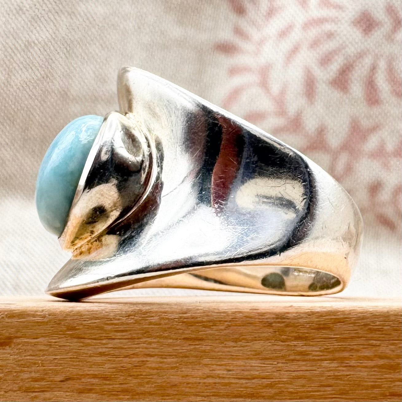 Silver and larimar statement ring, size P (US 7.5), hallmarked Birmingham 2010