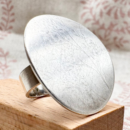 Silver botanical etched disc statement ring, size N (US 6.5)