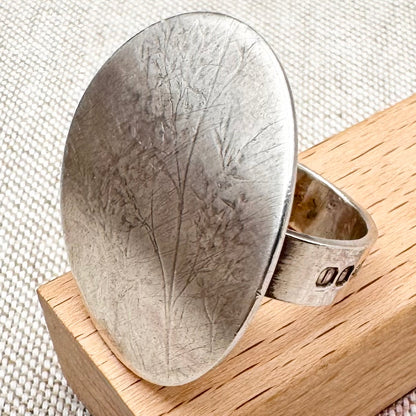 Silver botanical etched disc statement ring, size N (US 6.5)