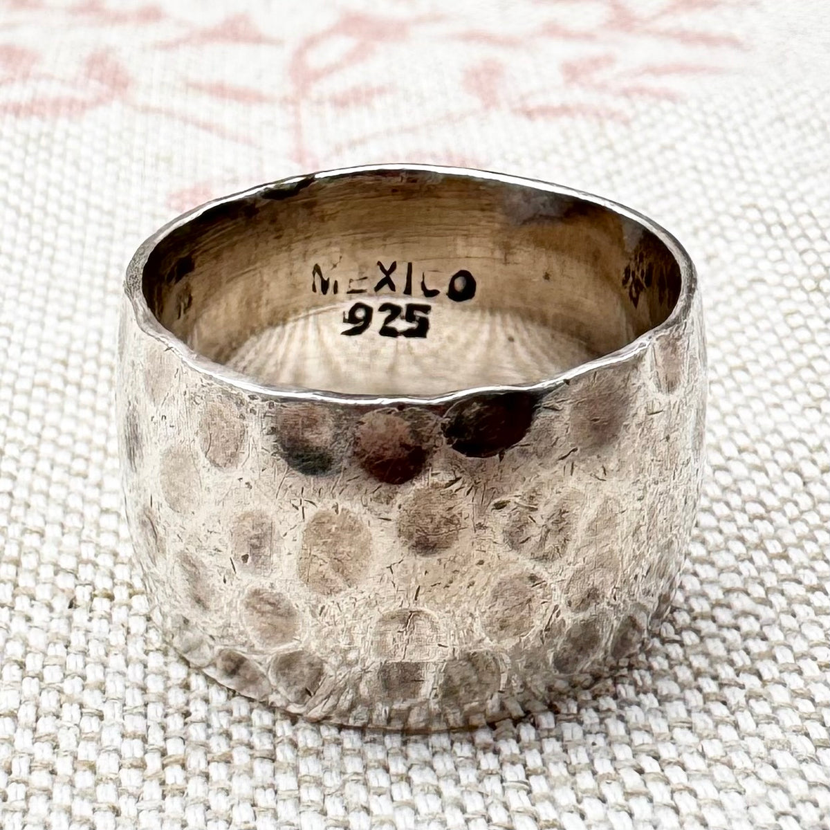 Wide Mexican hammered band ring, size P (US 7.5)