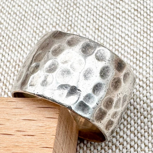 Wide Mexican hammered band ring, size P (US 7.5)