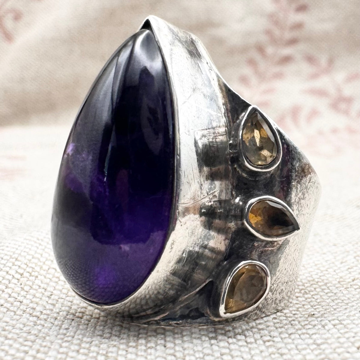 Large amethyst and citrine statement ring, size L (US 5.5)