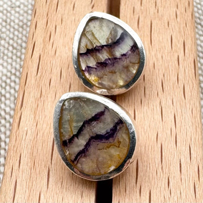 Blue John and silver teardrop stud earrings, Birmingham Hallmarked