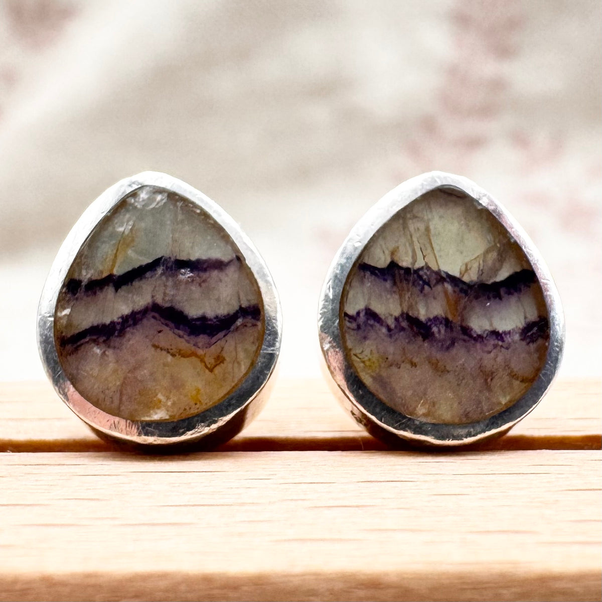 Blue John and silver teardrop stud earrings, Birmingham Hallmarked