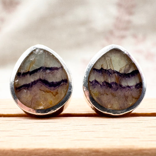 Blue John and silver teardrop stud earrings, Birmingham Hallmarked