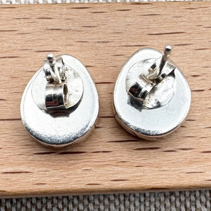 Blue John and silver teardrop stud earrings, Birmingham Hallmarked