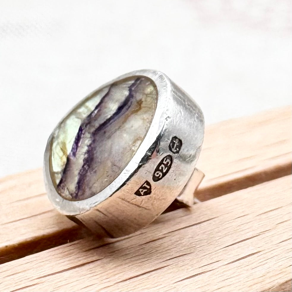 Blue John and silver teardrop stud earrings, Birmingham Hallmarked