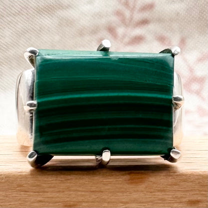 Chunky malachite ring with square band, size O (US 7.5)