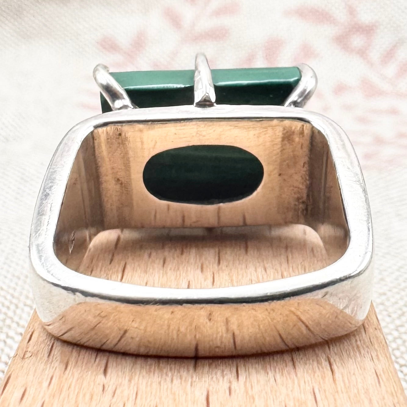 Chunky malachite ring with square band, size O (US 7.5)