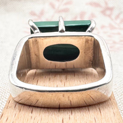 Chunky malachite ring with square band, size O (US 7.5)