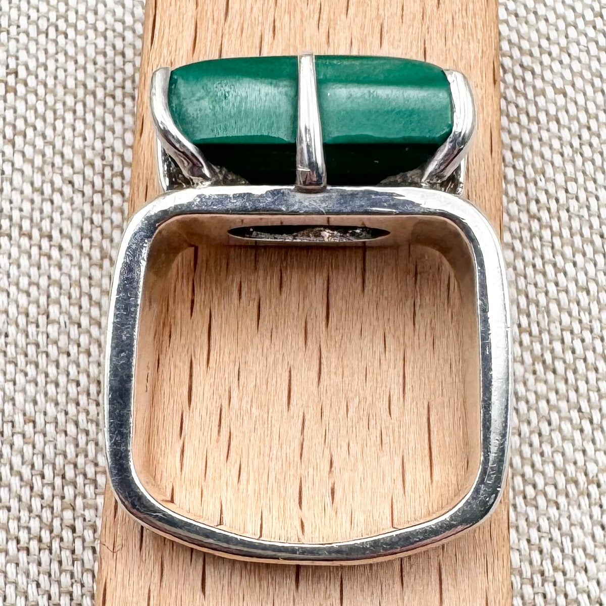 Chunky malachite ring with square band, size O (US 7.5)