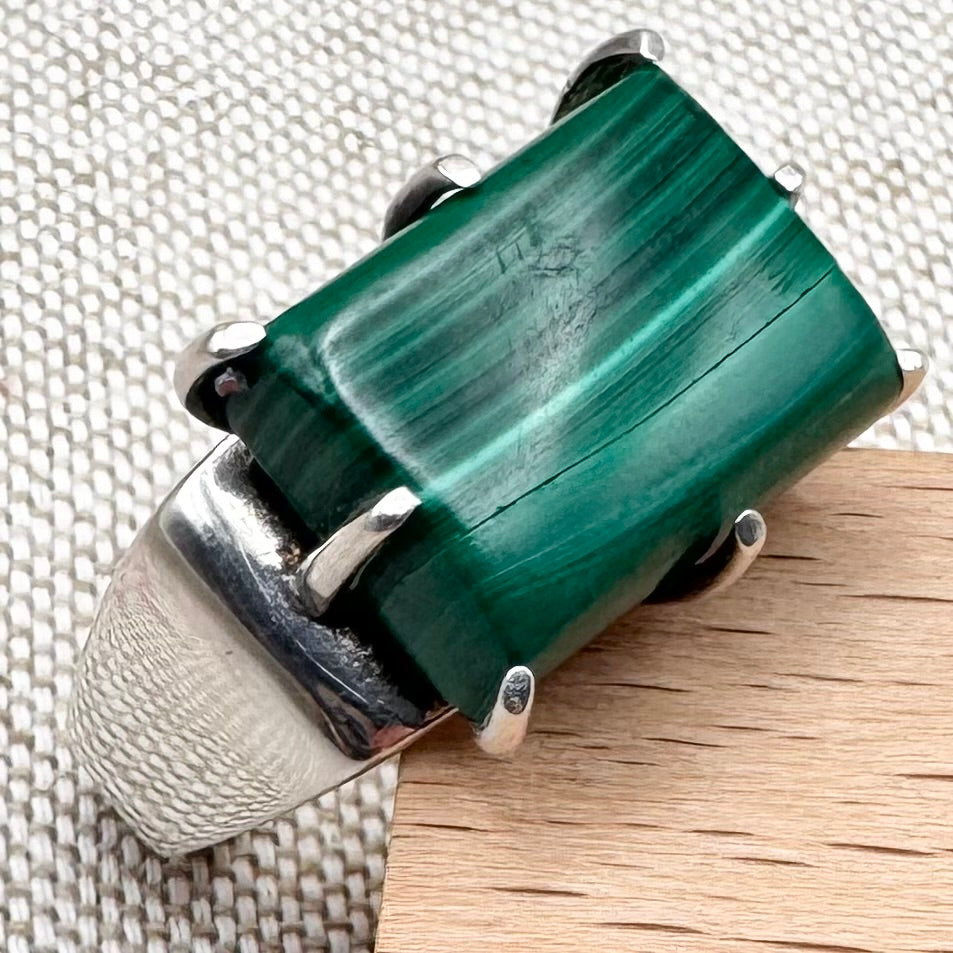 Chunky malachite ring with square band, size O (US 7.5)