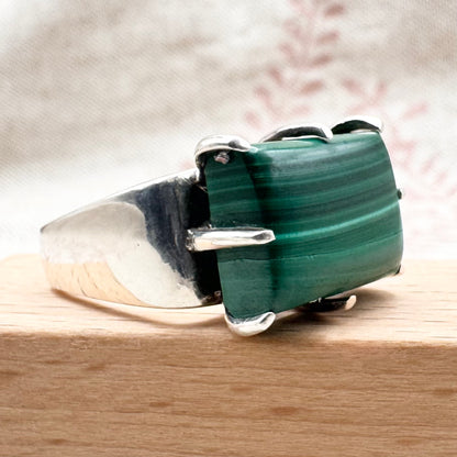 Chunky malachite ring with square band, size O (US 7.5)