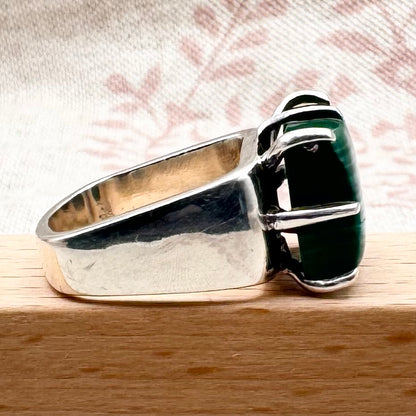 Chunky malachite ring with square band, size O (US 7.5)
