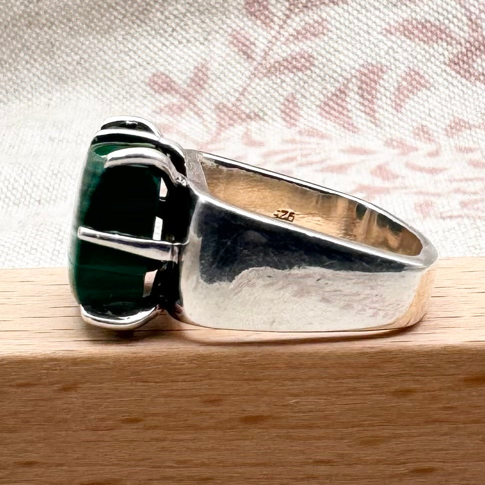 Chunky malachite ring with square band, size O (US 7.5)