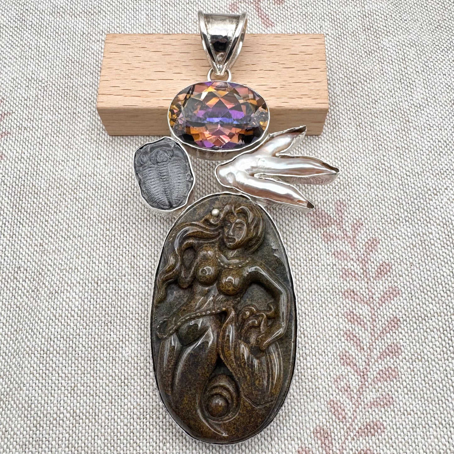 Jasper mermaid, trilobite, pearl and mystic quartz statement pendant