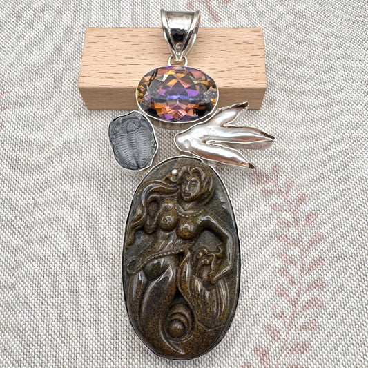 Jasper mermaid, trilobite, pearl and mystic quartz statement pendant