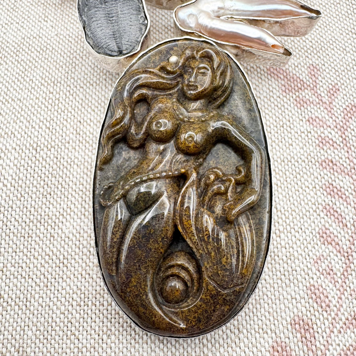 Jasper mermaid, trilobite, pearl and mystic quartz statement pendant