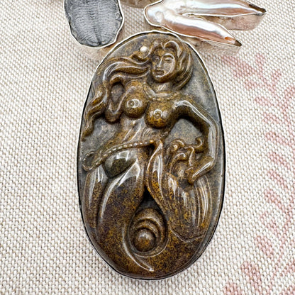 Jasper mermaid, trilobite, pearl and mystic quartz statement pendant