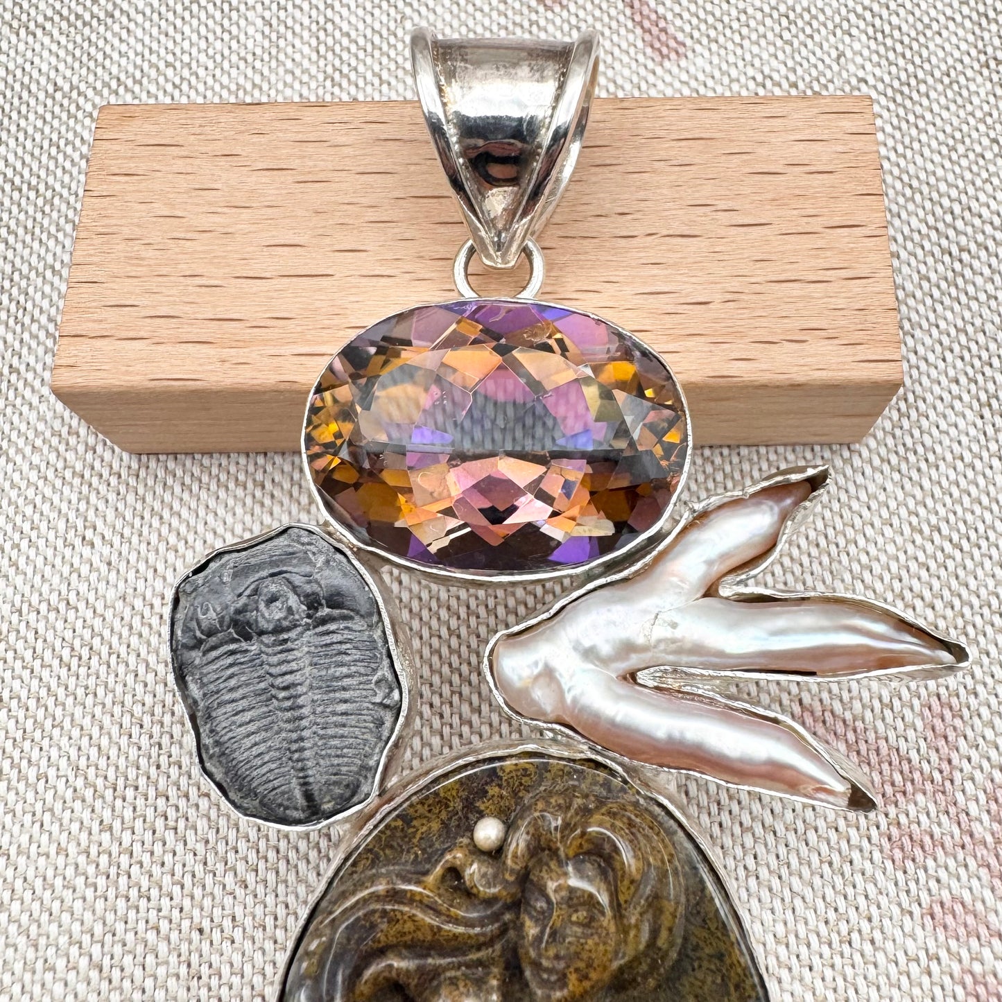 Jasper mermaid, trilobite, pearl and mystic quartz statement pendant