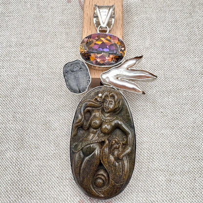 Jasper mermaid, trilobite, pearl and mystic quartz statement pendant