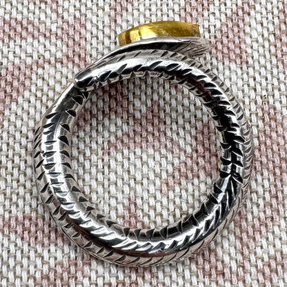 Textured silver ring on fabric background