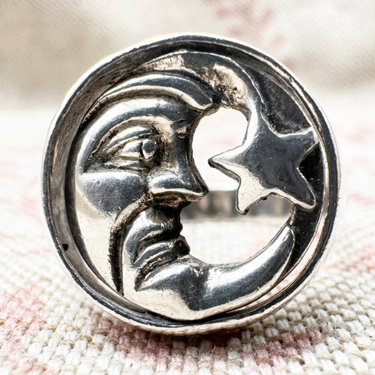 Silver spinning moon and star ring, Size P.5/8