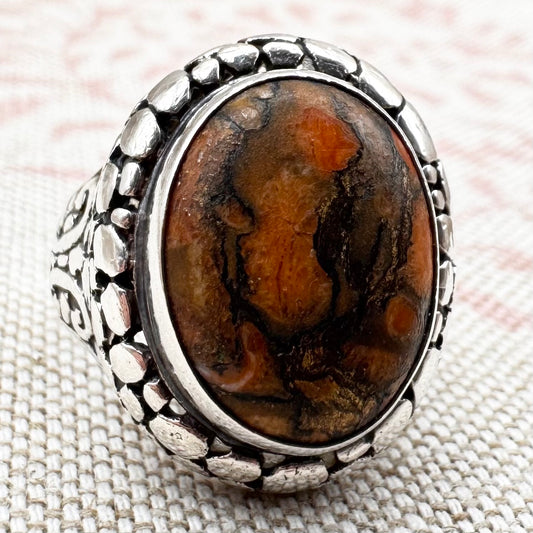 Bold silver ring with jasper, size L.5/6