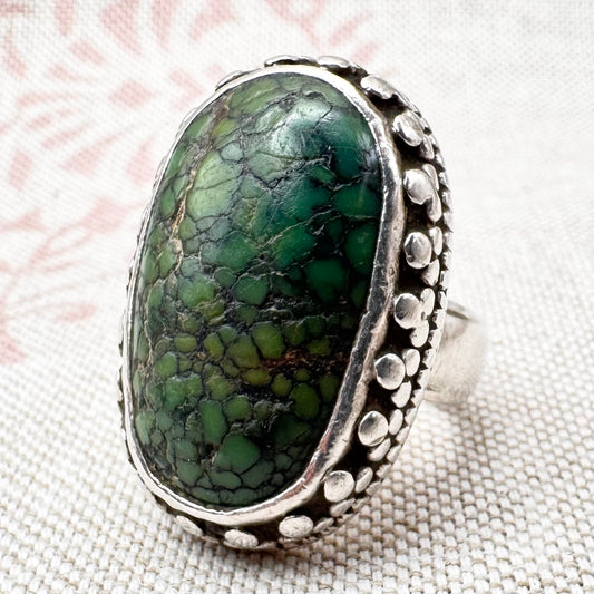 Large oval turquoise ring, hallmarked London 2016, size O (US 7)